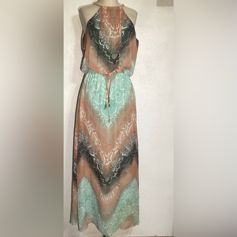 Vince Camuto Mint, Peach & Black Printed Halter Maxi Dress